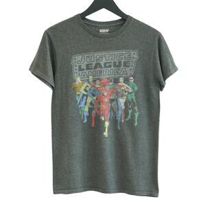 Vintage Style Justice League Tee - Retro Superhero Graphic Unisex Gray Shirt